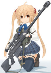 Rule 34 | 1girl, absurdres, ahoge, anti-materiel rifle, arm garter, bipod, black thighhighs, blonde hair, blue bow, blue bowtie, blue skirt, body armor, boots, bow, bowtie, brown eyes, brown footwear, combat boots, commentary request, dress shirt, full body, gloves, gradient background, gun, hair ornament, hair scrunchie, harness, highres, holding, holding gun, holding weapon, holster, kneeling, legs, long hair, long sleeves, looking at viewer, md5 mismatch, mikeran (mikelan), miniskirt, original, partial commentary, petticoat, plaid, plaid skirt, pleated skirt, red scrunchie, resolution mismatch, rifle, school uniform, scope, scrunchie, shadow, shirt, skirt, smile, sniper rifle, solo, source smaller, thigh holster, thigh strap, thighhighs, twintails, v-shaped eyebrows, weapon, white background, white gloves, white shirt, wing collar, zastava m93 black arrow