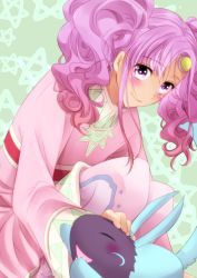 Rule 34 | 00s, 1girl, blush, closed eyes, dark skin, dress, green background, highres, long hair, meredy (tales), open mouth, pantyhose, purple eyes, purple hair, quickie (tales), smile, star (symbol), tales of (series), tales of eternia, twintails