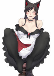 Rule 34 | 1girl, animal ears, arms behind back, bar censor, bare shoulders, black hair, black pantyhose, blush, breasts, brooch, censored, choker, collarbone, commentary request, dress, fangs, feet, footjob, highres, imaizumi kagerou, jewelry, long hair, looking at viewer, looking down, medium breasts, multicolored clothes, multicolored dress, nicutoka, no shoes, open mouth, pantyhose, penis, red eyes, simple background, smile, solo focus, sweat, tail, touhou, white background, wolf ears, wolf tail