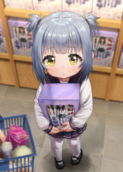 Rule 34 | 1girl, aged down, bag of chips, black footwear, black sailor collar, black skirt, blurry, blurry background, blush, box, child, closed mouth, commentary request, depth of field, figure, food, fruit, grey hair, haneru, haori haruki, highres, himino seika, himitsu no jugyou, hugging object, indoors, long sleeves, looking at viewer, melon, pantyhose, pleated skirt, sailor collar, school uniform, serafuku, shirt, shoes, shopping basket, sidelocks, signature, skirt, sleeves past wrists, solo, standing, two side up, white pantyhose, white shirt, yellow eyes