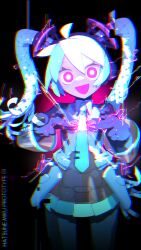 Rule 34 | 1girl, absurdres, ahoge, alternate eye color, android, aqua hair, aqua necktie, black background, bright pupils, cable, cable hair, character name, cheri zao, chromatic aberration, collar, commentary, cropped legs, detached sleeves, electricity, energy, glitch, hatsune miku, headphones, highres, joints, long hair, looking at viewer, mechanical parts, mechanization, necktie, number tattoo, open mouth, pink eyes, robot girl, robot joints, see-through, see-through skirt, see-through sleeves, simple background, skirt, smile, solo, standing, straight-on, tattoo, twintails, vocaloid, white collar, white pupils