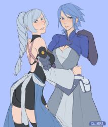 Rule 34 | 2girls, absurdres, aqua (kingdom hearts), backless outfit, blue eyes, blue hair, cosplay, costume switch, highres, kalruna, kingdom hearts, multiple girls, ponytail, rwby, short hair, weiss schnee
