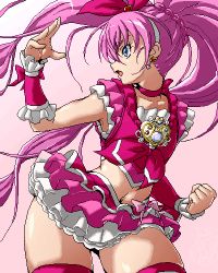 Rule 34 | 10s, 1girl, blue eyes, bow, braid, brooch, choker, clenched hand, cure melody, earrings, frills, houjou hibiki, isu, jewelry, long hair, lowres, magical girl, midriff, navel, oekaki, pink background, pink bow, pink hair, pink theme, pink thighhighs, precure, solo, suite precure, thick thighs, thighhighs, thighs, when you see it, wide hips, wrist cuffs