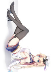 Rule 34 | 1girl, absurdres, armpits, bad id, bad pixiv id, belt, black footwear, black thighhighs, blonde hair, blue eyes, blue sailor collar, blue skirt, breasts, closed mouth, commentary request, elbow gloves, enterprise (warship girls r), from side, garter straps, gloves, hat, hat feather, high heels, highres, jean.organ, legs up, long hair, looking at viewer, looking to the side, low-tied long hair, medium breasts, miniskirt, navel, peaked cap, pleated skirt, pumps, sailor collar, school uniform, serafuku, shirt, sideboob, skirt, sleeveless, sleeveless shirt, smile, solo, thighhighs, top-down bottom-up, very long hair, warship girls r, white gloves, white hat, white shirt