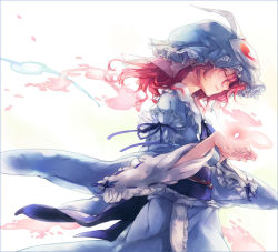 1girl album_cover closed_eyes cover female_focus hat nakatani pink_hair profile red_hair saigyouji_yuyuko short_hair simple_background smoke solo spirit touhou