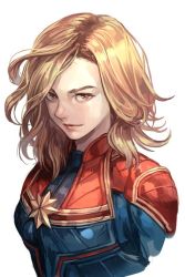 Rule 34 | 1girl, animification, blonde hair, breasts, captain marvel, carol danvers, hungry clicker, long hair, marvel, simple background, smile, solo, upper body, white background, yellow eyes