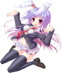 Rule 34 | 1girl, alto seneka, animal ears, bad id, bad pixiv id, blazer, female focus, jacket, loafers, long hair, nail polish, necktie, panties, pink nails, pleated skirt, purple hair, rabbit ears, red eyes, red necktie, reisen udongein inaba, shoes, skirt, solo, striped clothes, striped panties, thighhighs, touhou, underwear