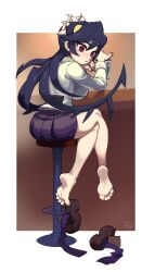 Rule 34 | 1girl, bar stool, barefoot, black hair, breasts, brown footwear, commentary, commission, cup, difman, drinking glass, english commentary, feet, filia (skullgirls), hair between eyes, highres, holding, holding cup, legs, loafers, long hair, long sleeves, looking at viewer, looking to the side, medium breasts, parted lips, pleated skirt, purple skirt, purple thighhighs, red eyes, shirt, shoes, unworn shoes, signature, sitting, skirt, skullgirls, soles, solo, stool, thick eyebrows, thighhighs, unworn thighhighs, toes, very long hair, white shirt