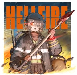 Rule 34 | 1girl, axe, baseball cap, blood, blood on face, blood on axe, building, character name, cheogtanbyeong, commentary request, english text, fire, fire axe, girls&#039; frontline, gloves, glowing, glowing eye, hair over one eye, hat, highres, holding, holding axe, light brown hair, looking at viewer, open mouth, outdoors, red eyes, rogue division agent, short hair, solo, tom clancy&#039;s the division, upper body, vector (girls&#039; frontline), vector (hellfire) (girls&#039; frontline)