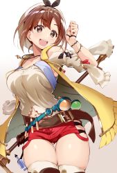Rule 34 | 1girl, :d, absurdres, arm up, atelier (series), atelier ryza, atelier ryza 1, belt, belt buckle, beret, blue belt, blush, brown belt, brown eyes, brown gloves, brown hair, buckle, cowboy shot, detached sleeves, flask, gloves, gluteal fold, gradient background, grey background, hair ornament, hairclip, hat, highres, holding, holding staff, jacket, jewelry, leather, leather belt, leather gloves, light blush, looking at viewer, midriff, necklace, open mouth, red shorts, reisalin stout, round-bottom flask, shirt, short hair, short shorts, shorts, shunichi, single glove, skindentation, sleeveless, sleeveless jacket, smile, solo, staff, star (symbol), star necklace, tareme, thigh gap, thighhighs, thighs, vial, white background, white hat, white shirt, white sleeves, white thighhighs, wrist cuffs, yellow jacket