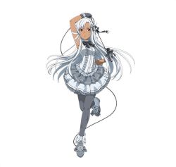 Rule 34 | 1girl, alternate eye color, alternate hair color, alternate skin color, arm up, armpits, asuna (sao), black bow, black bowtie, bow, bowtie, breasts, cross hair ornament, dark-skinned female, dark skin, dress, floating hair, full body, gloves, grey dress, grey gloves, grey pantyhose, hair ornament, holding, holding microphone, layered dress, leg up, long hair, looking at viewer, medium breasts, microphone, pantyhose, parted lips, red eyes, short dress, silver hair, simple background, sleeveless, sleeveless dress, solo, standing, standing on one leg, striped, striped bow, sword art online, very long hair, white background