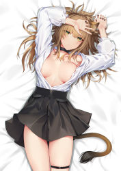 Rule 34 | 1girl, absurdres, animal ear fluff, animal ears, arknights, arms up, bed sheet, black choker, black nails, black skirt, blush, breasts, brown eyes, brown hair, choker, collarbone, commentary, cowboy shot, duan s, hair between eyes, highres, large breasts, lion ears, lion tail, long hair, long sleeves, looking at viewer, lying, miniskirt, nail polish, on back, open clothes, open shirt, pleated skirt, shirt, siege (arknights), skirt, solo, tail, thigh strap, thighs, white shirt