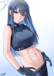 Rule 34 | 1girl, adjusting clothes, black gloves, black pants, blue archive, blue eyes, blue hair, breasts, cliov, closed mouth, clothes pull, crop top, gloves, gradient background, halo, highres, large breasts, long hair, looking at viewer, navel, pants, pants pull, pulled by self, saori (blue archive), solo, stomach, v-shaped eyebrows, white background