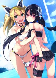 Rule 34 | 2girls, :d, anette (pso2), ass, asymmetrical docking, back, bad id, bad pixiv id, bare shoulders, bikini, black bikini, black hair, blonde hair, blue sky, blush, breast press, breasts, cleavage, closed mouth, cloud, collarbone, day, expressionless, frills, gene (pso2), green hair, hair ornament, hair tie, hairclip, headgear, highres, kurebayashi noe, leaning back, bridal garter, long hair, looking at viewer, looking back, low twintails, medium breasts, multicolored hair, multiple girls, navel, ocean, open mouth, outdoors, phantasy star, phantasy star online 2, pink eyes, pointy ears, round teeth, sky, smile, standing, stomach, streaked hair, summer, swimsuit, teeth, thigh strap, twintails, water, white bikini