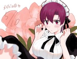 Rule 34 | 1girl, alternate costume, bazett fraga mcremitz, blue molmotto, blush, breasts, dated, dress, earrings, enmaided, fate/hollow ataraxia, fate (series), fingernails, floral background, highres, jewelry, large breasts, maid, maid day, maid headdress, mole, mole under eye, purple eyes, purple hair, short hair