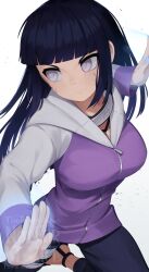 Rule 34 | 1girl, black hair, black pants, blunt bangs, breasts, byakugan, commentary, english commentary, english text, fishnet top, fishnets, forehead protector, frown, glowing hands, headband around neck, highres, hood, hood down, hooded jacket, hyuuga hinata, jacket, konohagakure symbol, large breasts, long hair, long sleeves, looking to the side, naruto, naruto (series), no pupils, pants, purple jacket, serious, simple background, solo, v-shaped eyebrows, veins, watermark, white background, white eyes, yoako, zipper, zipper pull tab