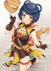 1girl, ankle boots, arm up, bare shoulders, black footwear, blue hair, boots, braid, breasts, chinese clothes, dark blue hair, dumpling, fingerless gloves, food, from above, genshin impact, gloves, hair ornament, hair rings, hairclip, highres, leg up, light smile, looking at viewer, open mouth, pelvic curtain, small breasts, smile, solo, thigh strap, usamochi., vision (genshin impact), xiangling (genshin impact), yellow eyes