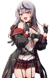 Rule 34 | 1girl, absurdres, akabino, belt collar, black coat, black collar, black garter straps, black gloves, black hair, black thighhighs, breasts, camisole, censored, chest belt, coat, collar, fang, fingerless gloves, garter straps, gloves, grey hair, hair ornament, highres, hololive, large breasts, looking at viewer, multicolored hair, nail polish, open mouth, red coat, red eyes, red nails, red skirt, sakamata chloe, sakamata chloe (1st costume), skirt, smile, streaked hair, thighhighs, transparent background, two-sided coat, two-sided fabric, virtual youtuber, white camisole, x hair ornament