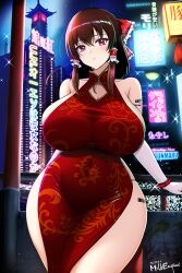 Rule 34 | 1girl, alternate breast size, barcode, barcode tattoo, bare shoulders, bow, breasts, brown hair, china dress, chinese clothes, curvy, cyberpunk, dress, frilled bow, frilled hair tubes, frills, hair bow, hair tubes, hakurei reimu, highres, huge breasts, kyosuke fujiwara, leg tattoo, looking at viewer, medium hair, neon lights, red bow, red eyes, science fiction, shoulder tattoo, sideboob, solo, standing, tattoo, thick thighs, thighs, touhou, wide hips