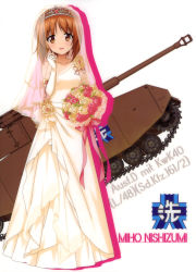 Rule 34 | 10s, 1girl, absurdres, asymmetrical clothes, bouquet, bridal veil, brown eyes, brown hair, character name, collarbone, diadem, dress, elbow gloves, flower, full body, girls und panzer, gloves, highres, holding, holding bouquet, long dress, looking at viewer, military, military vehicle, motor vehicle, nishizumi miho, open mouth, pink flower, pink ribbon, ribbon, short hair, sleeveless, sleeveless dress, smile, solo, standing, tank, veil, wedding dress, white background, white dress, white gloves