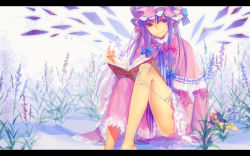 Rule 34 | 1girl, bad id, bad pixiv id, bare legs, barefoot, book, capelet, dress, female focus, hair ribbon, hat, letterboxed, long hair, mob cap, on ground, patchouli knowledge, pink capelet, pink hat, purple eyes, purple hair, ribbon, sitting, smile, solo, striped clothes, striped dress, thighs, touhou, ushi (newrein), vertical-striped clothes, vertical-striped dress, wings