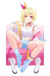 Rule 34 | 1girl, absurdres, ahoge, black choker, blonde hair, blue shorts, blue socks, blush, boots, choker, closed mouth, collarbone, commentary, crop top, feet, fold-over boots, front-tie top, full body, hair ornament, hair ribbon, heterochromia, highleg, highleg panties, highres, hoshikawa sara, hoshikawa sara (1st costume), jacket, kou futoshi, legs, legs up, long hair, looking at viewer, midriff, navel, nijisanji, no shoes, off shoulder, open clothes, open jacket, orange eyes, panties, panty straps, red eyes, ribbon, shirt, short shorts, shorts, side ponytail, simple background, sitting, smile, socks, solo, symbol-only commentary, tank top, thigh strap, tied shirt, toes, underwear, unworn boots, virtual youtuber, white background, white footwear, white jacket, white tank top, x hair ornament