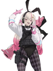 Rule 34 | 1girl, animal ears, arm up, black collar, bulletproof vest, collar, cowboy shot, fake animal ears, finger gun, gloves, gluteal fold, goddess of victory: nikke, gradient hair, hair ribbon, highres, jackal (nikke), jacket, long hair, looking at viewer, low twintails, multicolored clothes, multicolored hair, multicolored jacket, mutugorou u, open mouth, pantyhose, pink gloves, pink hair, pink ribbon, rabbit ears, red eyes, ribbon, rocket launcher, side ponytail, simple background, solo, spiked collar, spikes, streaked hair, tactical clothes, tongue, tongue out, twintails, two-tone gloves, w, weapon, weapon behind back, white background, white gloves, white hair, white jacket