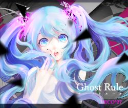 Rule 34 | 1girl, blue eyes, blue hair, copyright name, floating hair, ghost rule (vocaloid), hair between eyes, hatsune miku, long hair, looking at viewer, open mouth, sg91122lily, solo, twintails, upper body, very long hair, vocaloid