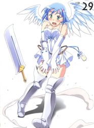 Rule 34 | 00s, 1girl, angel, angel of light nanael, angel wings, artbook, asymmetrical wings, bare shoulders, blue hair, blush, boots, breasts, cleavage, elbow gloves, gloves, green eyes, highres, kuuchuu yousai, large breasts, miniskirt, nanael (queen&#039;s blade), nanael (queen's blade), open mouth, panties, queen&#039;s blade, scan, short hair, skirt, solo, sword, thighhighs, underwear, weapon, wings