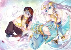 Rule 34 | aladdin (character), aladdin (character) (cosplay), anastasia (fate), barefoot, blue eyes, carnelian, cosplay, doll, fate/grand order, fate (series), genie, harem outfit, harem pants, jewelry, kadoc zemlupus, navel, oil lamp, pants, silver hair, smoke, turban, wide sleeves, yellow eyes