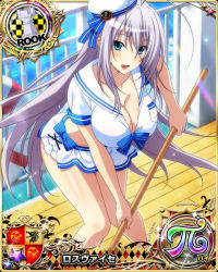 Rule 34 | 1girl, antenna hair, aqua eyes, breasts, card (medium), character name, chess piece, cleavage, crop top, hair ribbon, hat, high school dxd, high school dxd pi, large breasts, long hair, looking at viewer, microskirt, official art, open mouth, ribbon, rook (chess), rossweisse, sailor, silver hair, skirt, smile, solo, standing, trading card, very long hair