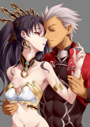 Rule 34 | 1boy, 1girl, abs, archer (fate), arm grab, armlet, bandeau, bare shoulders, black hair, black ribbon, bottomless, breasts, cleavage, closed eyes, closed mouth, collarbone, couple, dark-skinned male, dark skin, earrings, fate/grand order, fate (series), forehead-to-forehead, grey background, grey hair, groin, hair ribbon, hamidasu, heads together, hetero, hoop earrings, ishtar (fate), jewelry, lips, long hair, long sleeves, medium breasts, navel, open mouth, out-of-frame censoring, parted lips, profile, red eyes, ribbon, simple background, spiked hair, stomach, strapless, tassel, tiara, tohsaka rin, two side up, upper body, waist grab