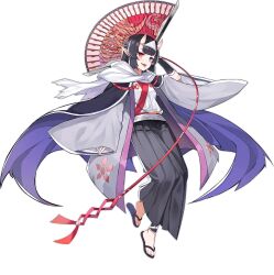 Rule 34 | 1girl, amanojaku (ark order), ark order, arm at side, arm behind head, arm up, artist request, black cape, black footwear, black hair, black pants, blue eyes, cape, coat, earrings, folding fan, full body, hakama, hakama pants, hand fan, haori, heterochromia, holding, holding fan, horns, japanese clothes, jewelry, kimono, long hair, long sleeves, official art, pants, pointy ears, purple cape, red eyes, red sash, sandals, sash, sidelocks, skin-covered horns, solo, tachi-e, tongue, tongue out, transparent background, triangular headpiece, two-sided cape, two-sided fabric, white coat, white kimono, wide sleeves, wrist guards