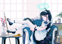 Rule 34 | 1girl, absurdly long hair, adjusting clothes, adjusting legwear, apron, aris (blue archive), aris (maid) (blue archive), black dress, black hair, black wristband, blue archive, blue eyes, blue theme, blush, chinese commentary, commentary, crossed legs, dress, forest 0, frilled apron, frilled dress, frills, from side, full body, highleg, indoors, legs up, long hair, looking at viewer, maid apron, maid headdress, on chair, open mouth, pale skin, ponytail, short sleeves, sitting, sitting sideways, solo, staring, thighhighs, very long hair, white apron