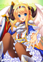Rule 34 | 1girl, 47agdragon, angel wings, blue eyes, blush, brown pantyhose, demon girl, demon horns, dress, frilled dress, frills, horns, long hair, long sleeves, open mouth, original, outstretched hand, pantyhose, smile, solo, sword, weapon, wings