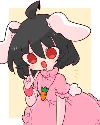 Rule 34 | 1girl, animal ears, black hair, carrot necklace, dress, floppy ears, frilled dress, frilled sleeves, frills, highres, inaba tewi, jewelry, necklace, op na yarou, pendant, pink dress, puffy short sleeves, puffy sleeves, rabbit ears, rabbit tail, red eyes, ribbon-trimmed dress, short hair, short sleeves, smile, solo, tail, touhou, v