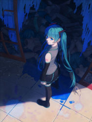 Rule 34 | 1girl, blue eyes, blue hair, broken glass, detached sleeves, esukee, female focus, from above, glass, hatsune miku, highres, long hair, matching hair/eyes, shade, solo, sunlight, tattoo, thighhighs, twintails, very long hair, vocaloid