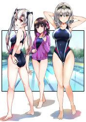 Rule 34 | 3girls, absurdres, adjusting clothes, adjusting swimsuit, arm behind head, armpits, ass, azki (hololive), back cutout, back tattoo, barefoot, black ribbon, blush, braid, breasts, brown hair, closed mouth, clothing cutout, colored inner hair, competition swimsuit, covered navel, day, facial mark, fang, french braid, green eyes, grey hair, hair between eyes, hair ribbon, highleg, highleg swimsuit, highres, hololive, jacket, kneepits, large breasts, long hair, looking at viewer, looking back, medium breasts, multicolored hair, multiple girls, nakiri ayame, one-piece swimsuit, open clothes, open jacket, open mouth, outdoors, pink hair, pool, pukara, purple eyes, purple jacket, red eyes, ribbon, shirogane noel, short hair, smile, standing, streaked hair, swimsuit, tattoo, tiara, track jacket, virtual youtuber