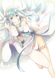 Rule 34 | 1girl, aqua hair, arm support, azura (fire emblem), barefoot, breasts, bridal gauntlets, detached collar, dress, fingerless gloves, fire emblem, fire emblem fates, fire emblem heroes, from above, gloves, groin, hair tubes, jewelry, long hair, looking at viewer, looking up, midriff, nintendo, oka (umanihiki), outstretched arm, pantyhose, pendant, reaching, sash, simple background, single leg pantyhose, sitting, smile, solo, veil, white background, white gloves, white pantyhose, yellow eyes
