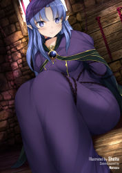 Rule 34 | 1girl, arms behind back, artist name, barred window, bound, bound torso, breasts, bush, cape, chain, collar, commission, dress, dungeon, fate/stay night, fate (series), highres, indoors, knees up, looking at viewer, medea (fate), medium breasts, ornament, pointy ears, purple dress, purple eyes, purple hair, sheita, sitting, solo, stone wall, wall