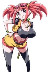 Rule 34 | 00s, 1girl, aliasing, bad id, bad pixiv id, belt, bent over, blunt bangs, breasts, card, choker, cleavage, climax entertainment, cropped jacket, dinosaur king, goggles, goggles on head, hand on own hip, hanging breasts, holding, holding card, kotomozou, large breasts, leaning forward, midriff, navel, pink hair, purple eyes, sega, shirt, shorts, smile, solo, tatsuno malm, taut clothes, taut shirt, thighhighs, twintails