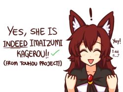 Rule 34 | !, 1girl, :d, animal ear fluff, animal ears, brooch, character name, copyright name, english text, closed eyes, facing viewer, hands up, how to, imaizumi kagerou, jewelry, long hair, open mouth, red hair, simple background, smile, solo, touhou, white background, wolf ears, wool (miwol)