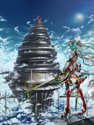 Rule 34 | 10s, 1girl, aqua hair, armor, bad id, bad pixiv id, boots, bow, castle, cloud, crossover, dual wielding, essual (layer world), fantasy, from behind, greaves, hair bow, hatsune miku, highres, holding, lens flare, long hair, sky, solo, sword, sword art online, thigh boots, thighhighs, twintails, very long hair, vocaloid, weapon, wings