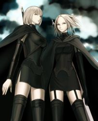 Rule 34 | 2girls, black footwear, blonde hair, boots, calanthe (artist), clare (claymore), claymore (series), garter straps, miria, multiple girls, outdoors, short hair, thigh boots, thighhighs, yellow eyes