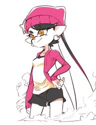 Rule 34 | + +, 1girl, arm at side, beanie, black hair, black shorts, callie (splatoon), drawingddoom, earrings, gradient hair, hand on own hip, hat, hat ornament, jacket, jewelry, long hair, long sleeves, mole, mole under eye, multicolored hair, nintendo, open clothes, open jacket, pointy ears, purple hat, purple jacket, shorts, simple background, smile, smoke, solo, splatoon (series), star (symbol), star hat ornament, symbol-shaped pupils, tentacle hair, very long hair, white background, yellow eyes