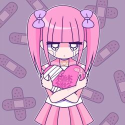 Rule 34 | 1girl, bandaged arm, bandages, blunt bangs, bow, closed mouth, collar, crying, crying with eyes open, ezaki bisuko, hair bow, heart, hexagram, holding, holding heart, jewelry, looking at viewer, menhera-chan (ezaki bisuko), menhera-chan (ezaki bisuko) (character), necklace, outline, patterned background, pink hair, pink sailor collar, pink skirt, pleated skirt, purple background, purple bow, purple collar, purple eyes, sad, sailor collar, school uniform, self-harm scar, serafuku, sidelocks, skirt, solo, star of david, tears, twintails, upper body, white outline, white serafuku