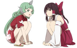 Rule 34 | 2girls, :o, arm support, bare shoulders, bow, brown eyes, brown footwear, brown hair, cloud print, collared shirt, commentary request, curly hair, detached sleeves, frilled hair tubes, frills, full body, green eyes, green hair, hair bow, hair tubes, hakurei reimu, half updo, horns, kariyushi shirt, komano aunn, leon (mikiri hassha), long hair, looking at viewer, midriff peek, multiple girls, nontraditional miko, red bow, red shirt, red skirt, sandals, shirt, short sleeves, sidelocks, simple background, single horn, sketch, skirt, skirt set, sleeveless, sleeveless shirt, squatting, thighs, touhou, white background