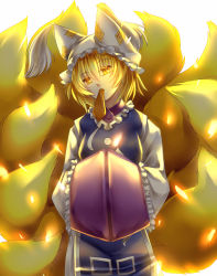 Rule 34 | 1girl, aburaage, bad id, bad pixiv id, blonde hair, colored eyelashes, eyelashes, female focus, food, fox tail, hands in opposite sleeves, hat, head tilt, highres, mouth hold, multiple tails, sakuyosi, solo, tail, touhou, yakumo ran, yellow eyes