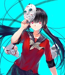 Rule 34 | 1girl, aqua background, black hair, blunt bangs, brown hair, closed mouth, cowboy shot, danganronpa (series), danganronpa v3: killing harmony, floating hair, friday the 13th, frown, hair ornament, hair scrunchie, hand up, harukawa maki, highres, hockey mask, holding, holding mask, long hair, looking at viewer, low twintails, mask, mole, mole under eye, pleated skirt, qianhai, red eyes, red scrunchie, red shirt, saw (movie), school uniform, scream (movie), scrunchie, serafuku, shirt, simple background, skirt, solo, thighhighs, twintails, very long hair