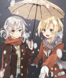 Rule 34 | + +, 10s, 2girls, :d, alternate costume, asymmetrical hair, blonde hair, blush, chibirisu, gloves, grey eyes, highres, holding, holding umbrella, kantai collection, maikaze (kancolle), multiple girls, necktie, nowaki (kancolle), open mouth, outstretched arm, outstretched hand, ponytail, reaching, scarf, silver hair, smile, snowing, umbrella, yellow necktie